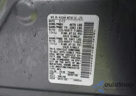 2017 Nissan Rogue S z USA, uszkodzony, nr VIN JN8AT2MV7HW283278